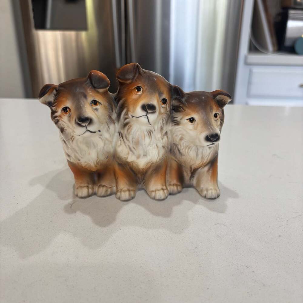 Vintage Napco Three Collie Dog Ceramic Planter 7201